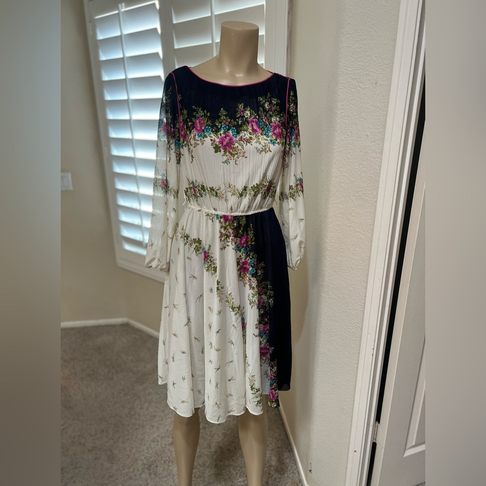 1970s Vintage Floral Chiffon Midi Dress Long Sleeve Small